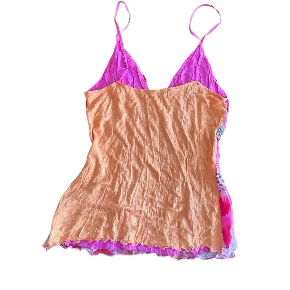 Hale Bob Silk Floral Beaded Spaghetti Strap Cami Tank Top Pink Orange M NEW